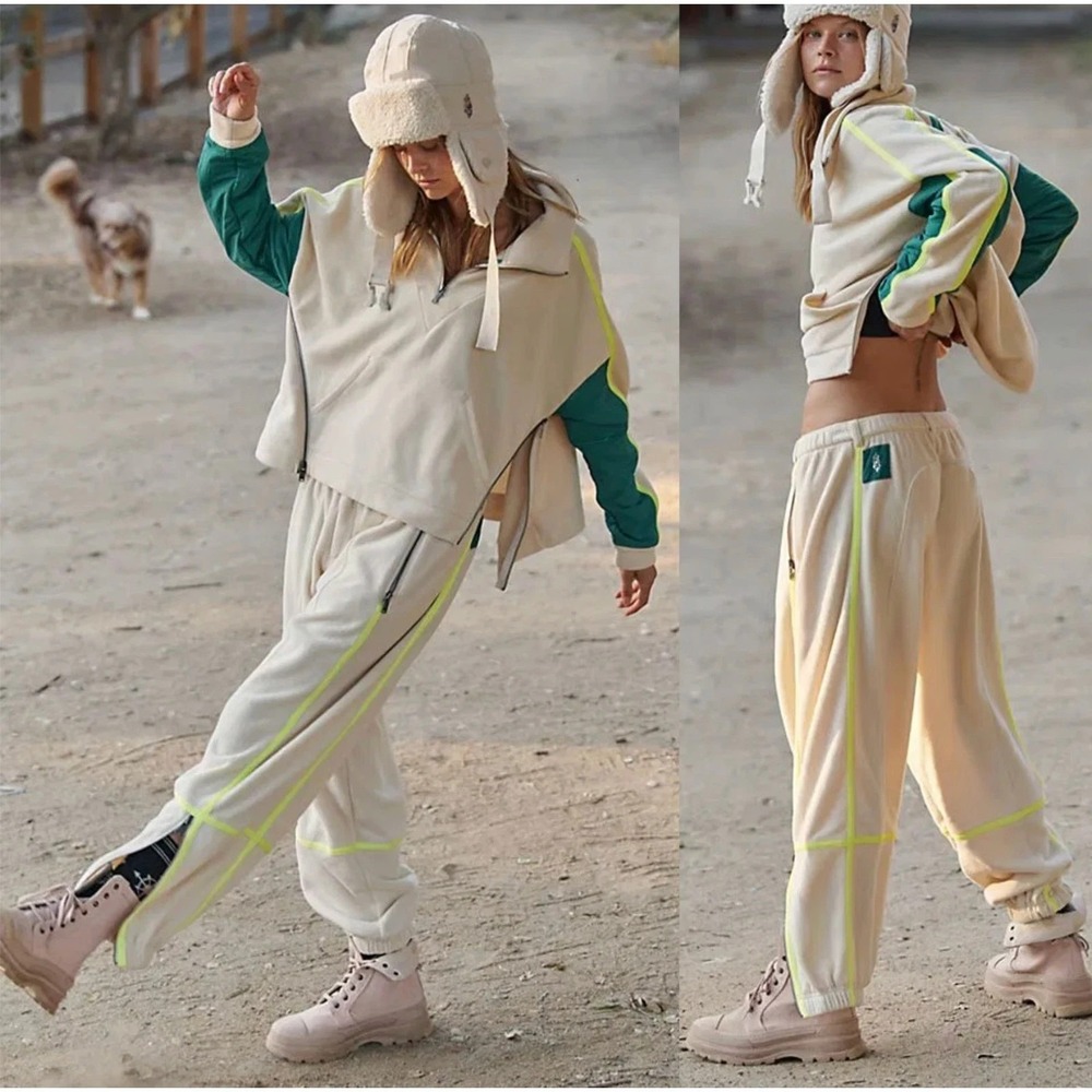 Free People FP Movement Arena Jogger Pant‎ Womens L Ivory Neon Fleece Ankle Zip